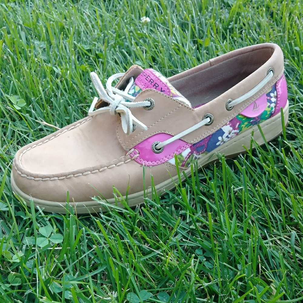 Sperry Top Siders leather flats purple pink floral